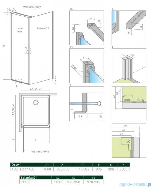 Radaway Nes Black Kdj I Frame kabina 100x100cm lewa rysunek techniczny