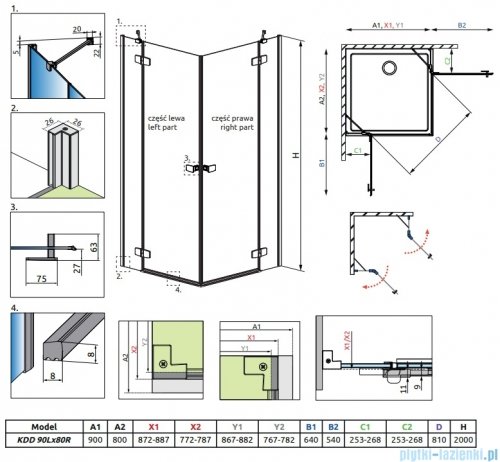 Radaway Fuenta Kdd kabina 90x80cm chrom połysk szkło przejrzyste 1384060-01-01L/1384061-01-01R