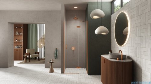 New Trendy Nesta Copper Brushed 80x200 cm drzwi wnękowe prawe wspornik skośny miedź szczotkowana/szkło przejrzyste D-0918A