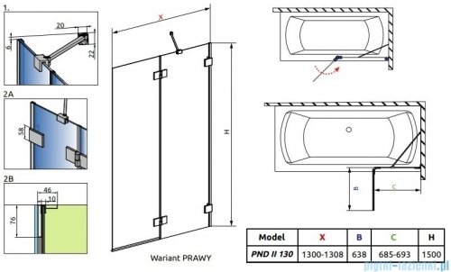 Radaway Essenza Pro Gold Pnd II parawan nawannowy 130cm Prawy złoty połysk/szkło przejrzyste 10102130-09-01R