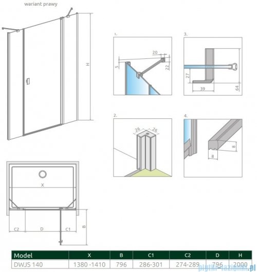 Radaway Nes Dwjs Brushed Gold drzwi wnękowe 140cm prawe szczotkowane złoto 10038140-99-01R