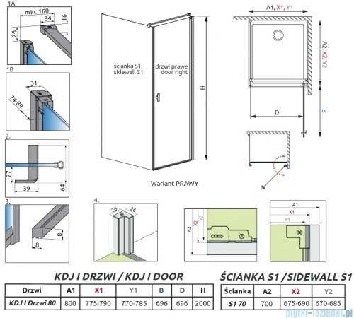 Radaway Nes 6 Kdj I Brushed Light Gold kabina 80x70cm prawa szczotkowane jasne złoto 10022080-98-01R/10039070-01-01