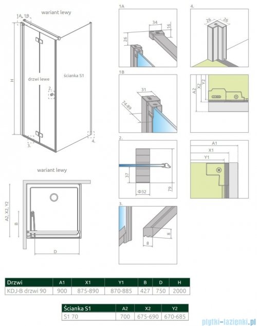 Radaway Nes Black KDJ B kabina 90x70 lewa przejrzyste 10025090-54-01L/10039070-01-01