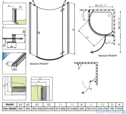 Radaway Almatea PDJ Kabina półokrągła 90x90 Prawa szkło brązowe 30702-01-08N