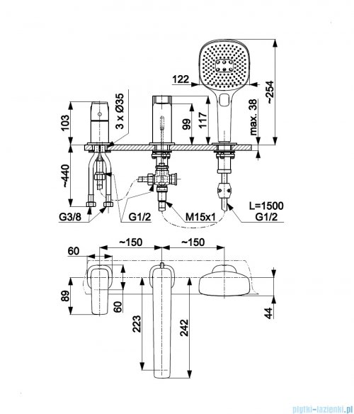 KFA MALAGA BRUSHED LIGHT GOLD bateria wannowa 3-otworowa złoty szczotkowany 4525-210-31 