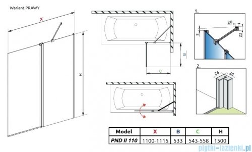 Radaway Nes 8 PND II parawan nawannowy 110cm prawy chrom połysk/przejrzyste 10088110-01-01R