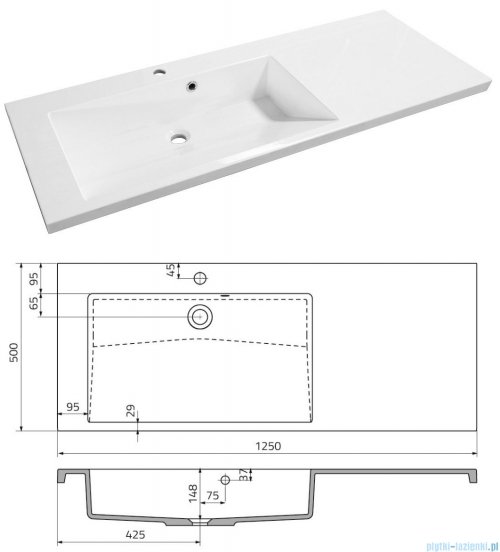 rysunek techniczny Oristo Brylant szafka z umywalką lewa 125x50x48cm grafit/biały OR36-SD2S-85-5/OR36-SD2S-40-5/UME-BR-125-92-L