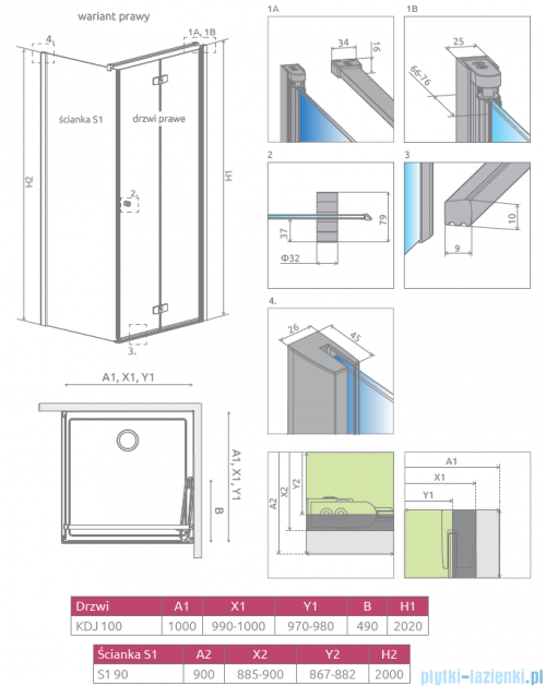 Radaway Fuenta New KDJ-B kabina prysznicowa 100x90 prawa przejrzyste + brodzik Doros D + syfon 384083-01-01R/384050-01-01/SDRD1090-01