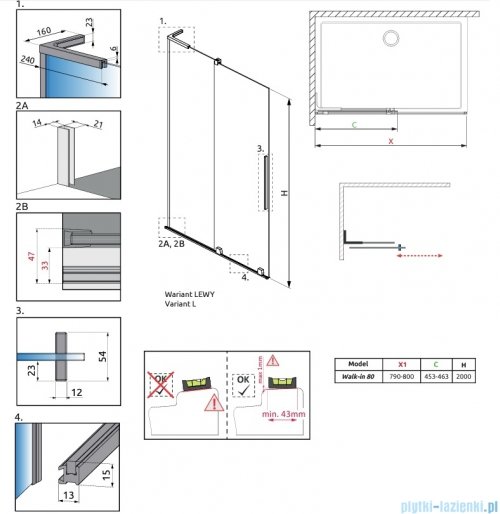 Radaway Furo SL Brushed Nickel kabina Walk-in 80x200cm lewa szczotkowany nikiel 10306438-91-01L/10110394-01-01