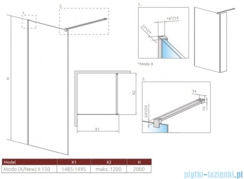 Radaway Modo X Black II kabina Walk-in 150x200 szkło przejrzyste 10mm 389354-54-01