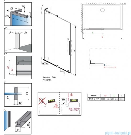 Radaway Furo SL Brushed Gold kabina Walk-in 110x200cm lewa szczotkowane złoto 10306588-99-01L/10110544-01-01