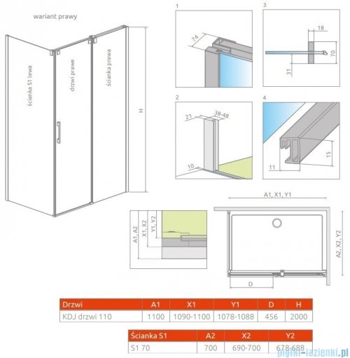 Radaway Espera KDJ Kabina 110x70 prawa szkło przejrzyste rysunek techniczny