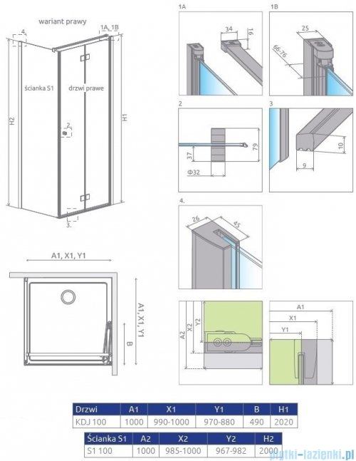 Radaway Essenza New KDJ-B kabina prysznicowa 100x100 prawa przejrzyste + brodzik Doros C + syfon 385083-01-01R/384052-01-01/SDRC1010-01