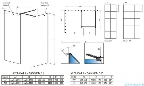 Radaway Modo New Black III kabina Walk-in 55x100x200 Factory rysunek techniczny