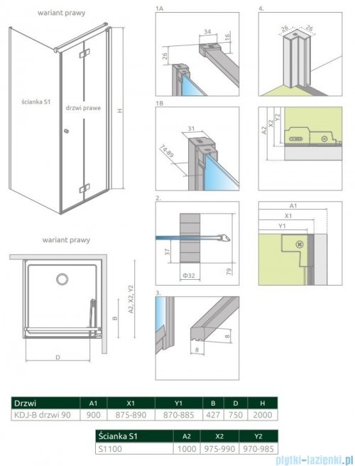 Radaway Nes KDJ B kabina 90x100 prawa przejrzyste 10025090-01-01R/10039100-01-01 