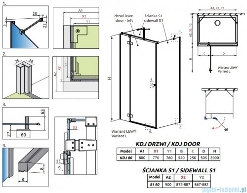 Radaway Essenza Brushed Nickel Kdj+S kabina 90x80x90cm lewa szczotkowany nikiel 1384050-01-01/1385021-91-01L/1384050-01-01