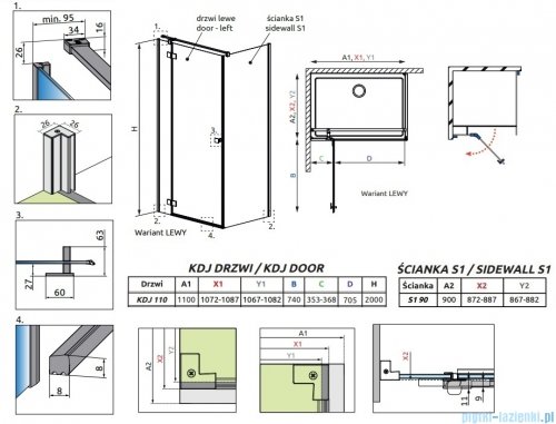 Radaway Essenza Kdj Brushed Nickel kabina 110x90cm lewa szczotkowany nikiel 1385041-91-01L/1384050-01-01