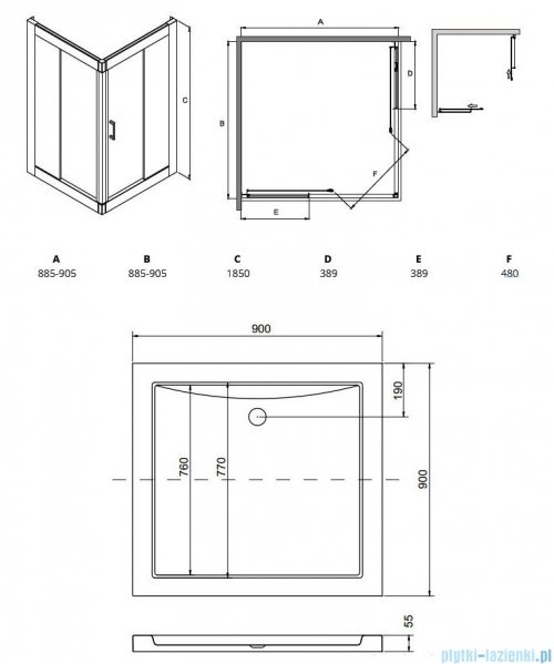Besco Modern kabina kwadratowa z brodzikiem 90x90cm przejrzyste MK-90-185-C/#BAA-90-K