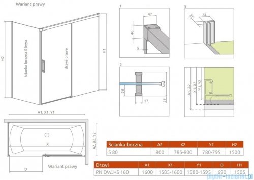 Radaway Idea Pn Dwj+S parawan nawannowy 160x80cm prawy przejrzyste 10042160-01-01R/10005080-01-01L