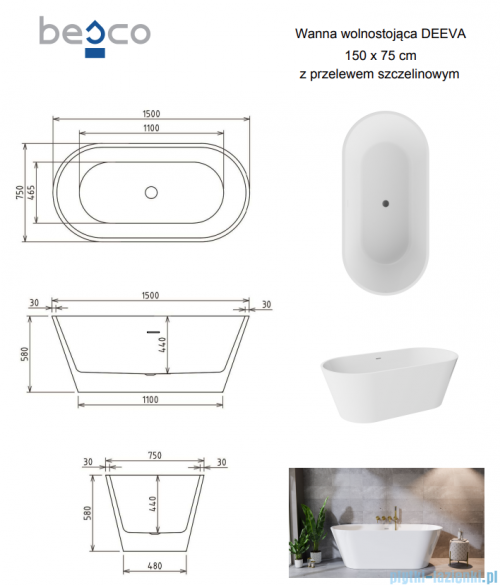 Besco Deeva Glam Srebrna Illume Coat 150x75 cm wanna wolnostojąca +  syfon chrom #WWA-150DGSC