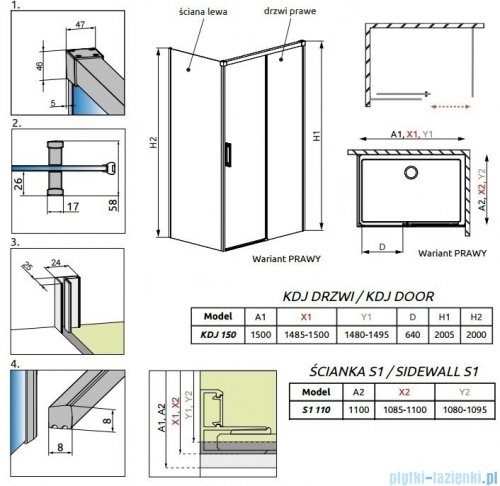 Radaway Idea Kdj Brushed GunMetal kabina 150x110cm prawa szczotkowany grafit 387045-92-01R/387053-92-01L
