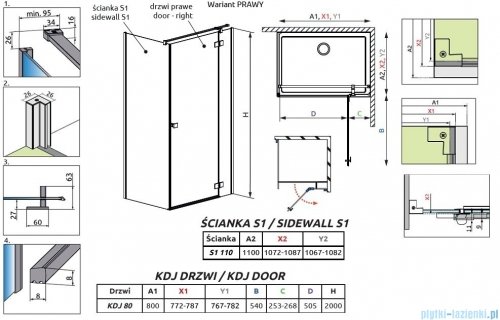 Radaway Essenza Kdj kabina 80x110cm prawa szkło przejrzyste 1385043-01-01R/1384053-01-01