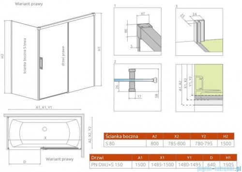 Radaway Idea Pn Dwj+S parawan nawannowy 150x80cm prawy przejrzyste 10042150-01-01R/10005080-01-01L
