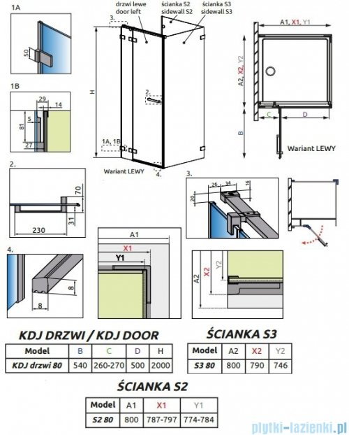 Radaway Euphoria KDJ P Kabina przyścienna 80x80x80 lewa szkło przejrzyste + brodzik Delos C + syfon 383512-01L/383241-01L/383031-01/383038-01/SDC0808-01