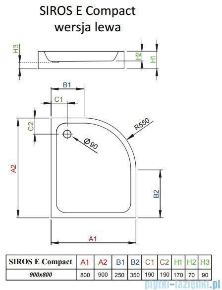 Radaway Brodzik półokrągły Siros E Compact 90x80 lewy z obudową SBE8917-1L