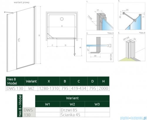 Radaway Nes 8 Black Dws I drzwi wnękowe 130cm W2 prawe czarny mat szkło przejrzyste 10078120-54-01R/10078112-01-01