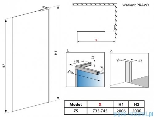 Radaway Modo SL II Brushed Light Gold kabina Walk-in 75x200 prawa szczotkowane jasne złoto szkło przejrzyste 10319075-98-01R