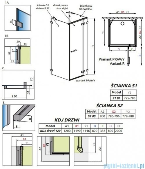 Radaway Euphoria KDJ+S Kabina przyścienna 80x120x80 prawa szkło przejrzyste rysunek techniczny