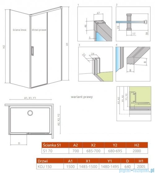 Radaway Idea Kdj Brushed GunMetal kabina 150x70cm prawa szczotkowany grafit 387045-92-01R/387048-92-01L