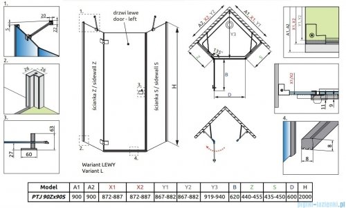 Radaway Essenza Black Ptj kabina pięciokątna 90x90cm lewa szkło przejrzyste 1385010-54-01L/1385050-01-01