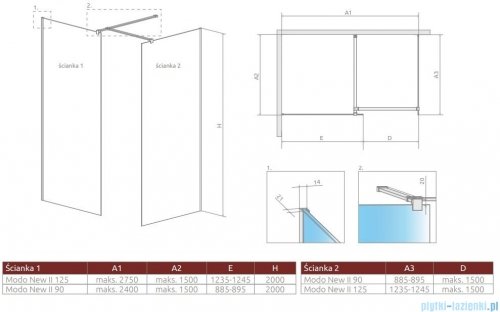 Radaway Modo New III kabina Walk-in 125x90x200 szkło przejrzyste rysunek techniczny
