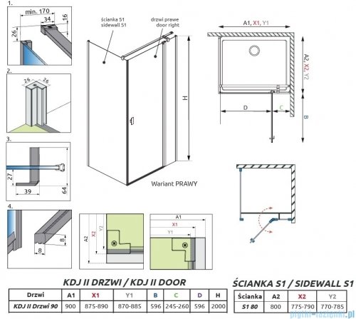 Radaway Nes 6 Kdj II Brushed Light Gold kabina 90x80cm prawa szczotkowane jasne złoto 10032090-98-01R/10039080-01-01