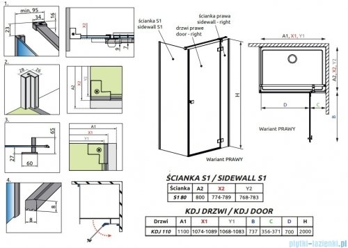 Radaway Essenza 8 Brushed Nickel Kdj kabina 110x80cm prawa szczotkowany nikiel 10480712-01-01R/10470337-91-01R/10113080-01-01