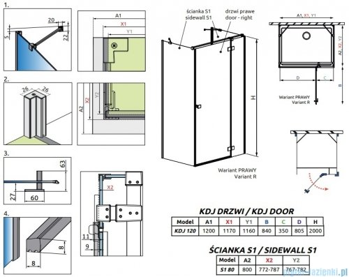 Radaway Essenza Brushed Copper Kdj+S kabina 80x120x80cm prawa szczotkowana miedź 1384051-01-01/1385024-93-01R/1384051-01-01