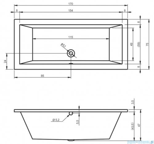 Riho Lusso 170x75cm wanna prostokątna z hydromasażem Pneumatic lewa + nogi + syfon BA18-PNE-L