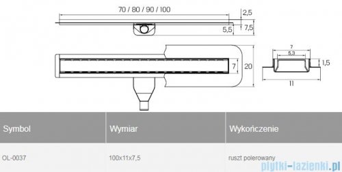 New Trendy Vimo odpływ liniowy z rusztem polerowanym 100x11x7,5 cm OL-0037