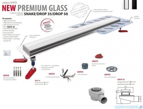 Wiper New Premium White Glass Odpływ liniowy z kołnierzem 110 cm syfon drop 50 poler 500.0382.01.110