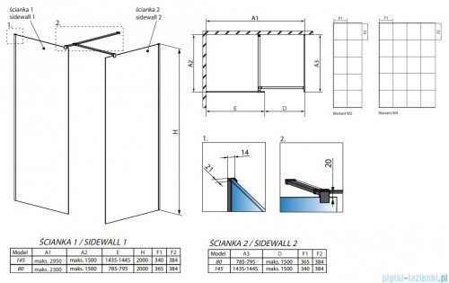 Radaway Modo New Black III kabina Walk-in 145x80x200 Factory rysunek techniczny