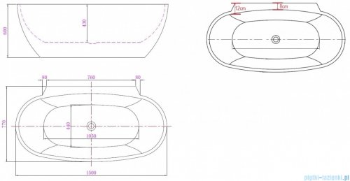 ScandiBath Mandal wanna wolnostojąca/przyścienna z korkiem i przelewem CZARNYM 150x77cm  Q360S-1501OEMBL