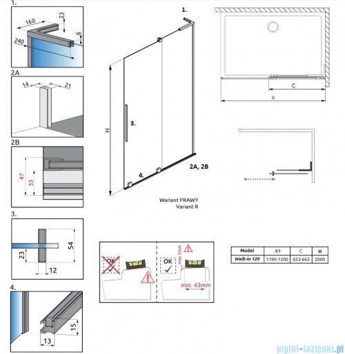 Radaway Furo SL Brushed Gold kabina Walk-in 120x200cm prawa szczotkowane złoto 10306638-99-01R/10110594-01-01