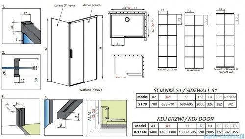 Radaway Idea Black Kdj Factory kabina prysznicowa 140x70 prawa czarny mat/szkło przejrzyste 387044-54-55R/387048-54-55L