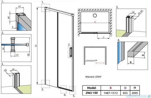 Radaway Idea White Dwj drzwi 150cm lewe szkło przejrzyste 387019-04-01L