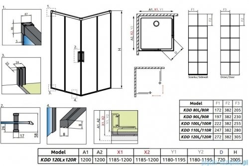 Radaway Idea Black Kdd Factory kabina prysznicowa 120x120cm czarny mat/szkło przejrzyste 387064-54-55L/387064-54-55R