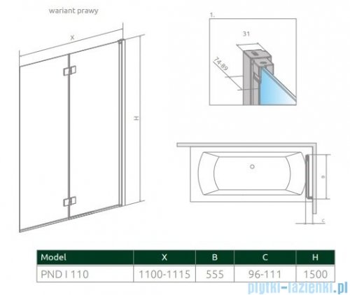 Radaway Nes 8 Pnd I parawan nawannowy 110cm prawy przejrzyste 10060110-01-01R