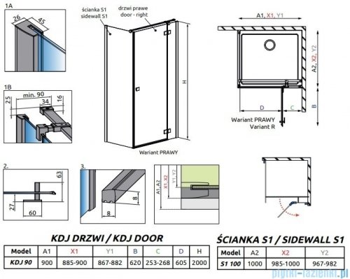 Radaway Essenza New Black Kdj kabina 90x100cm prawa szkło przejrzyste 385044-54-01R/384052-54-01