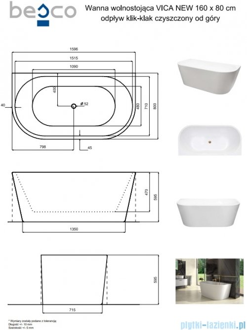 Besco Vica New wanna 160x80cm wolnostojąca przyścienna z odpływem klik-klak gun metal grafit #WAS-160VNGO